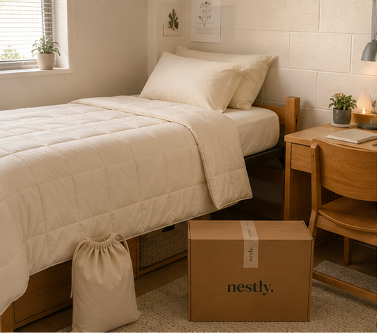 Dorm room with Nestly bedding
