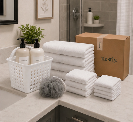 Bathroom shelf with Nestly bath products and towels