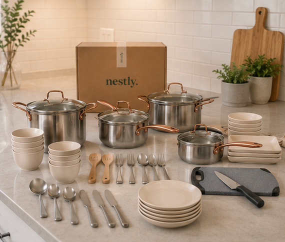 Apartment kitchen with Nestly cookware and dishware