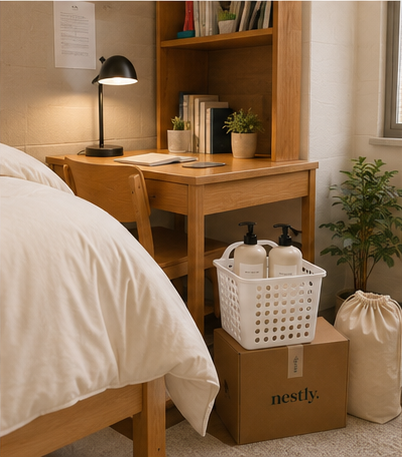 Dorm desk area beside Nestly-made bed