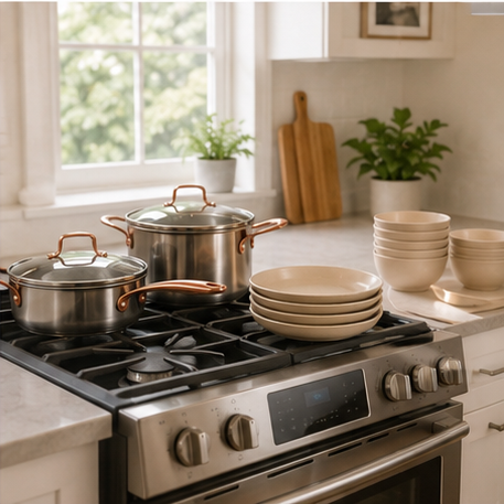 Bright apartment kitchen with Nestly pots and plates